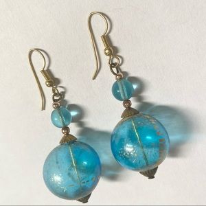Venetian Glassblown Blue and Gold Flecked Earrings